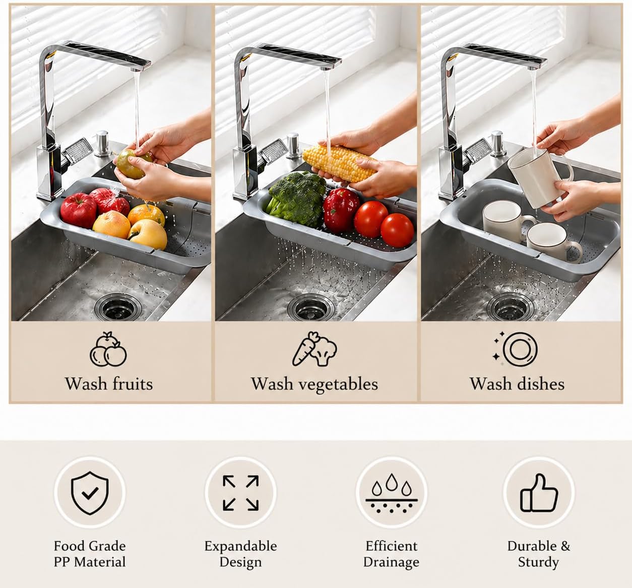 Expandable Over Sink Strainer for Kitchen Sink, Adjustable Sink Colander Basket, Kitchen Sink Strainer for Washing Fruits, Vegetables, Dishes & Utensils, Space Saving Drain Basket, Gray