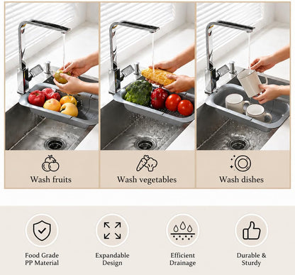 Expandable Over Sink Strainer for Kitchen Sink, Adjustable Sink Colander Basket, Kitchen Sink Strainer for Washing Fruits, Vegetables, Dishes & Utensils, Space Saving Drain Basket, Gray