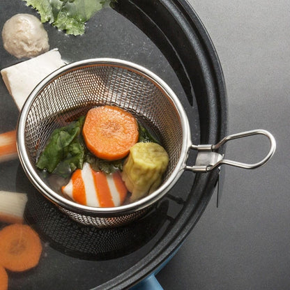 Stainless Steel Pasta Basket, Mesh Spider Food Dumpling Noodle Strainer, Fine Mesh Strainer with Handle