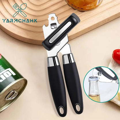 Multifunctional Stainless Steel Manual Can Opener and Bottle Opener, Heavy Duty Hand Held Can Opener with Easy Turn Knob, Sharp Blade Smooth Edge, Good Grips Kitchen Tool for Seniors, Black