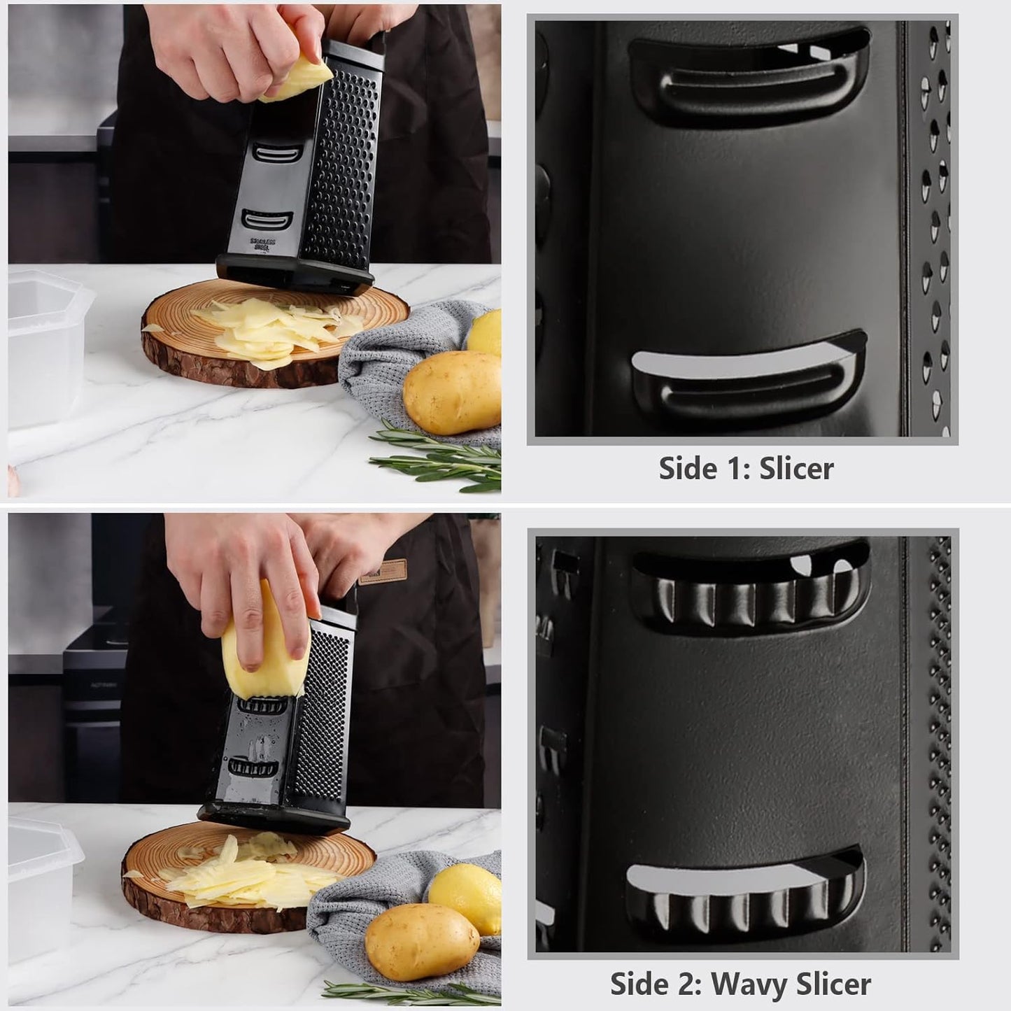 Box Grater, Cheese Grater Shredder Stainless Steel with 6 Sides, Best for Parmesan Cheese, Vegetables, Potatoes, Carrot, Ginger, Mandoline Vegetable Slicer with Detachable Container, Silver