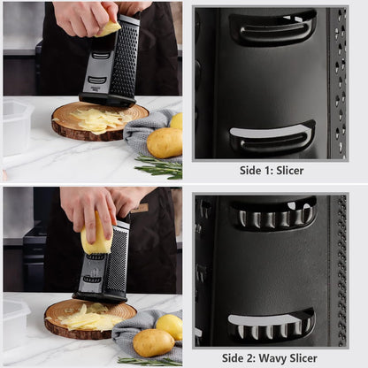 Box Grater, Cheese Grater Shredder Stainless Steel with 6 Sides, Best for Parmesan Cheese, Vegetables, Potatoes, Carrot, Ginger, Mandoline Vegetable Slicer with Detachable Container, Silver
