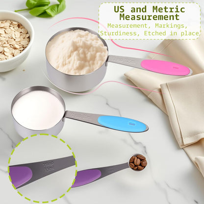 Inmorven 10pcs Measuring Cups and Spoons Set, BPA-Free Plastic Kitchen Baking Tools with Engraved Markings, Stackable Design for Dry & Liquid Ingredients (Pink)