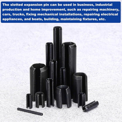 MECCANIXITY 25Pcs Slotted Split Roll Pins 1/2 Inch(12mm) Dia. 1-2/5 Inch(35mm) Length 65Mn Steel Spring Tension Expansion Dowels for Secure Fastening, Black - Colors B