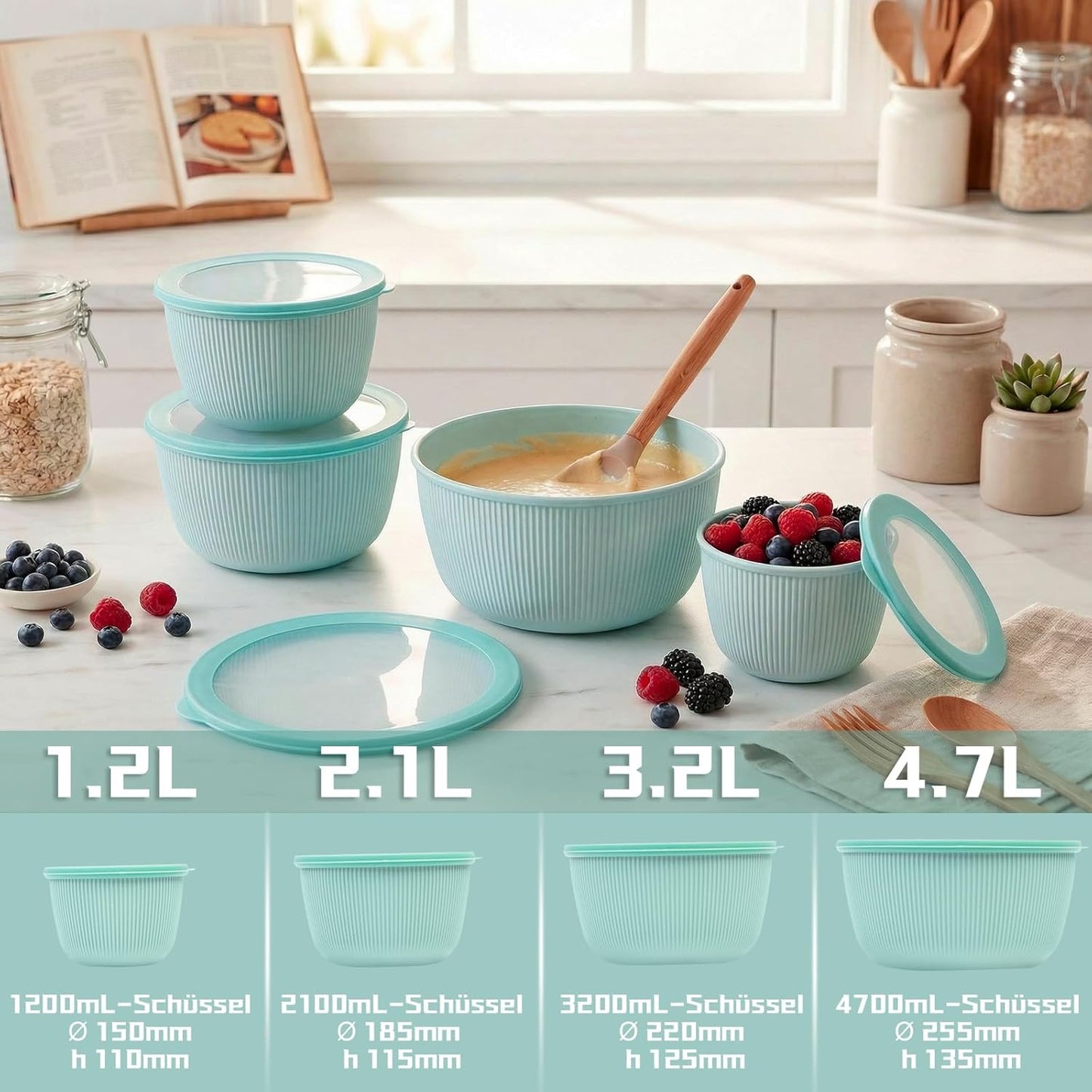BoxedHome Mixing Bowls with Lids - 8 Piece Plastic Nesting Bowls Set includes 4 Prep Bowls and 4 Lids, Microwave and Dishwasher Safe, Green