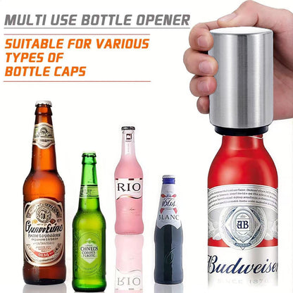 2PCS Beer Bottle Opener with Magnetic Cap, Automatic Stainless Steel One-Handed Bottle Cap Opener, Spring Loaded Push&Pop for Kitchen Home Bar Restaurant Household Utensils Destapador de Cerveza