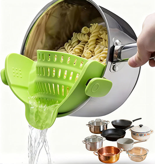 Pasta Strainer Clip-on Silicone Colander for Pot, Pan & Bowl, Heat-Resistant BPA Free Food Drainer with Stainless Steel Clips for Noodle, Meat, Fruit & Vegetable, Space Saving Kitchen Gadget