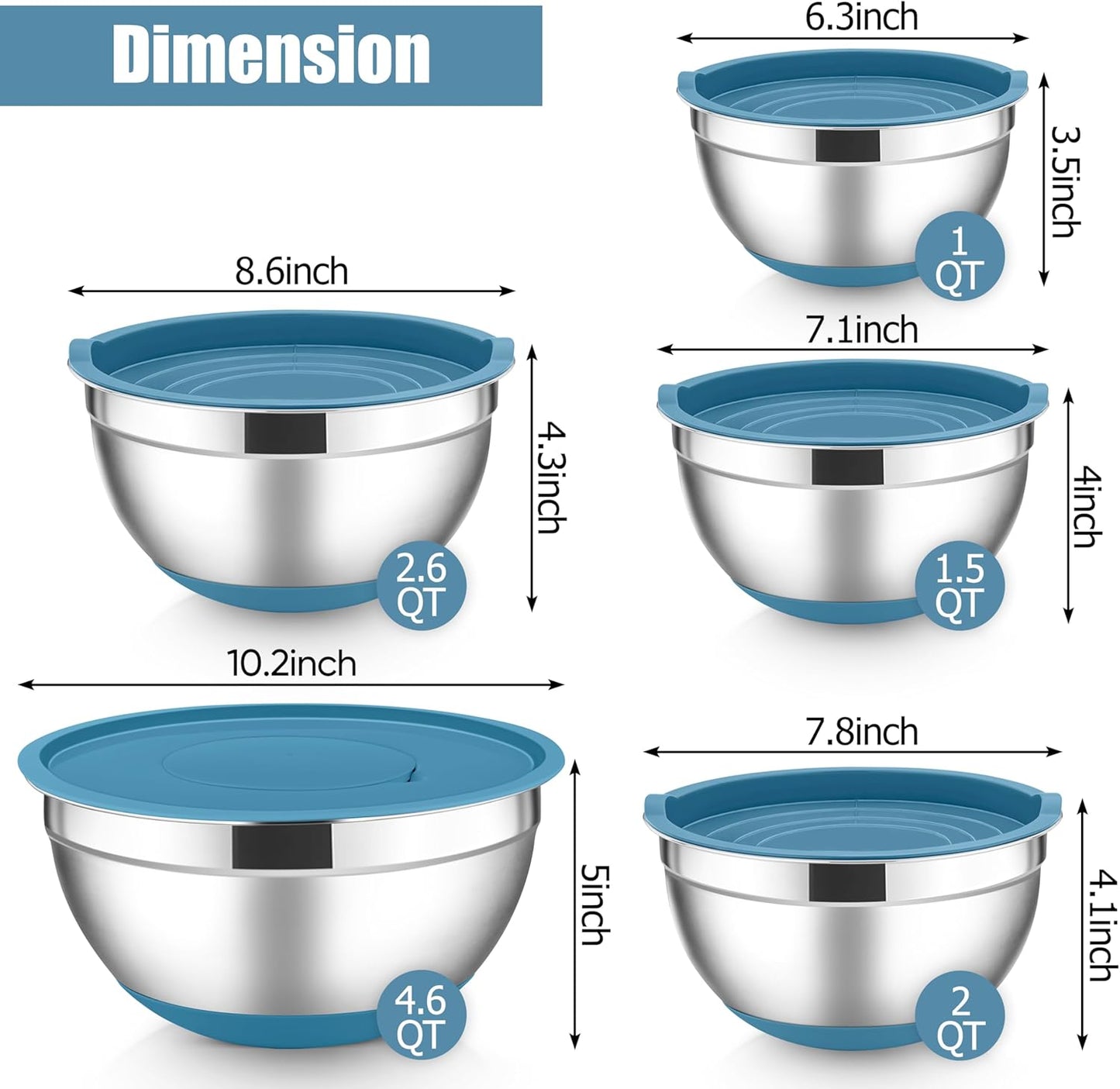 E-far Stainless Steel Mixing Bowls with Lids Set, 5-Piece Nesting Salad Bowls with 3 Grater Attachments and Non-Slip Bottoms, Size 4.6, 2.6, 2, 1.5, 1QT for Kitchen (Black)