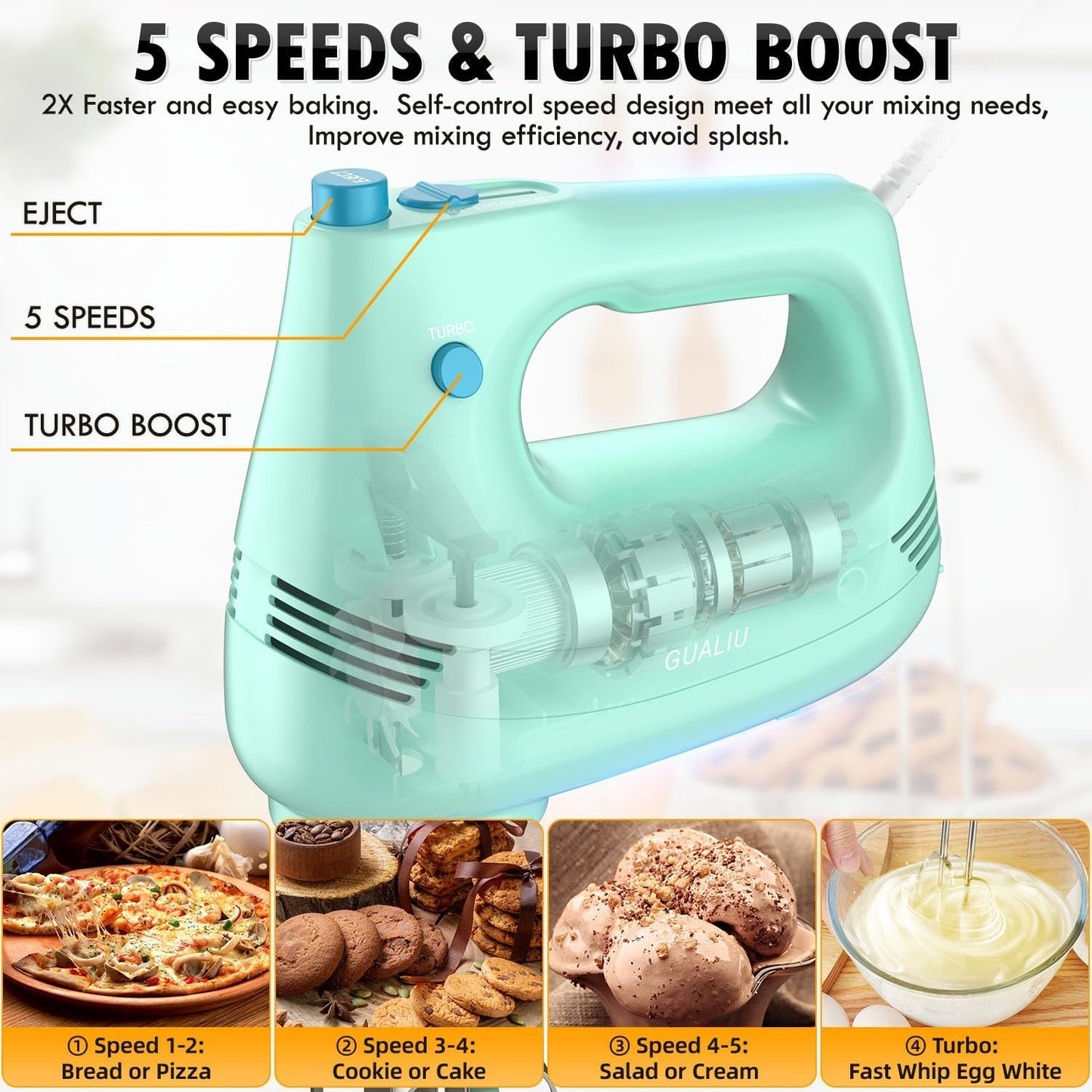 GUALIU Electric Hand Mixer with Stainless Steel Whisk, Dough Hook Attachment and Storage Bag, Handheld Mixer for Baking Cakes, Eggs, Cream Food Mixers. Turbo Boost /5 Speed Kitchen Blender PINK