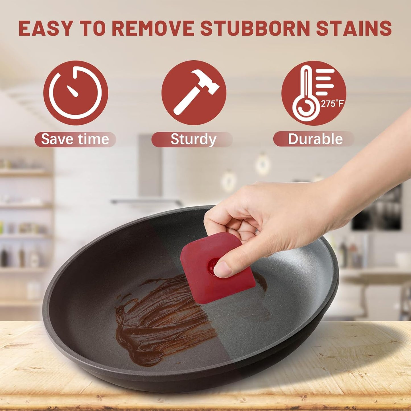TMEDW Pan Scraper, 5 Pcs Pot Scraper, Pan Scraper Plastic, Multifunctional Scraper Tool for Kitchen, Non-Slip, Food Safe, High Heat Resistant-Red