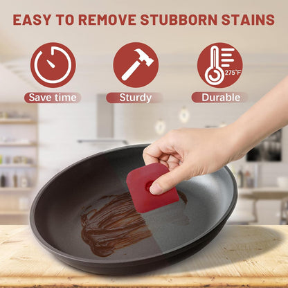 TMEDW Pan Scraper, 5 Pcs Pot Scraper, Pan Scraper Plastic, Multifunctional Scraper Tool for Kitchen, Non-Slip, Food Safe, High Heat Resistant-Red