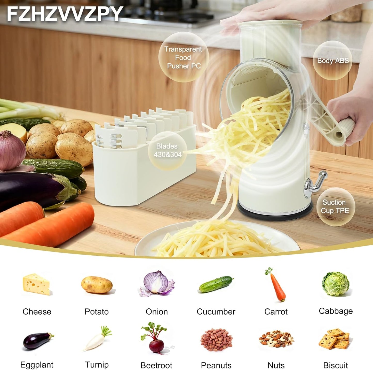 5 in 1 Cheese Grater with Rotary Hand Crank - Vegetable Chopper with Replaceable Stainless Blades, Strong Suction Base, Handle, Blade Storage Box, Easy-Clean Multipurpose Kitchen Slicer (Green)