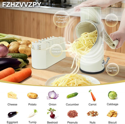 5 in 1 Cheese Grater with Rotary Hand Crank - Vegetable Chopper with Replaceable Stainless Blades, Strong Suction Base, Handle, Blade Storage Box, Easy-Clean Multipurpose Kitchen Slicer (Green)