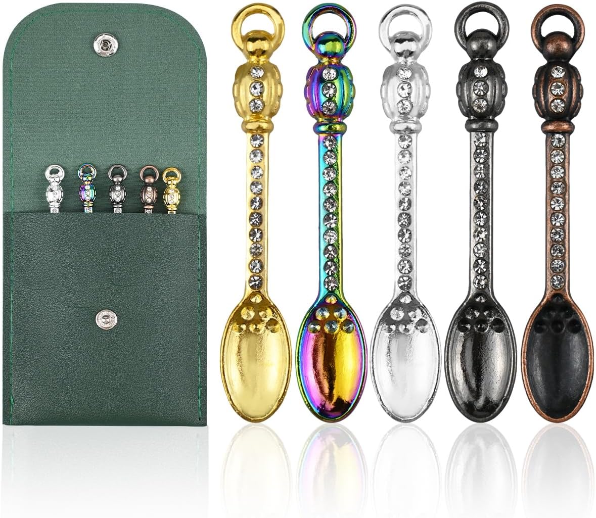 5PCS Mini Spoons with Storage Pouch, Metal Small Spoon for Medicine Spices, MultiColor Tiny Spoons for Kitchen Pendant Charms Necklace Keychains, Multi Functional Little Measuring Spoon (Mini Spoons)