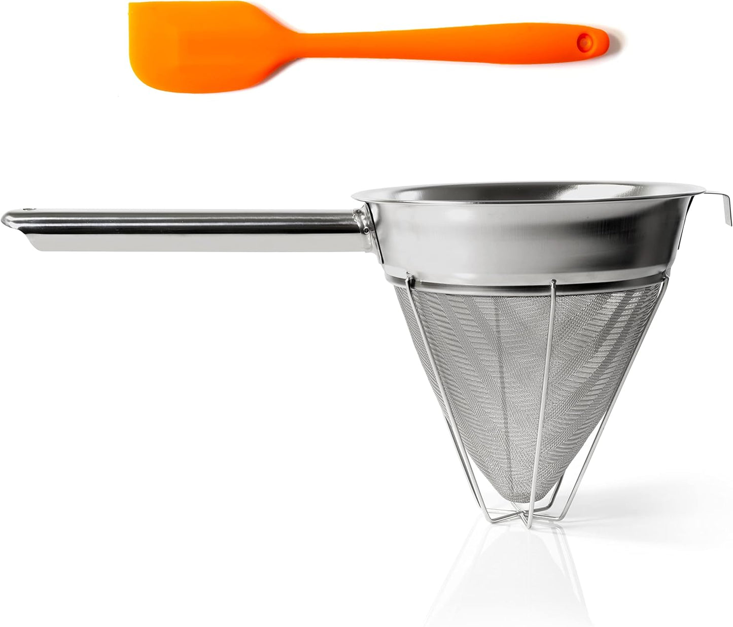 PINKIECLINK Bouillon Strainer - Stainless Steel Fine Mesh Metal Food Chinois, Cone Separator, Kitchen Colander Sieve for Sauce Jam Jelly Tea, 8" - With Spatula