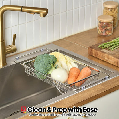 WAGENSTEIGER Extendable Dish Rack with Feet, Vegetable Colander Basket, Stainless Steel Dish or Silverware Drying Rack, Ultimate Kitchen Organizer Over the Sink (12.40 x 5.12 x 2.36 Inches)