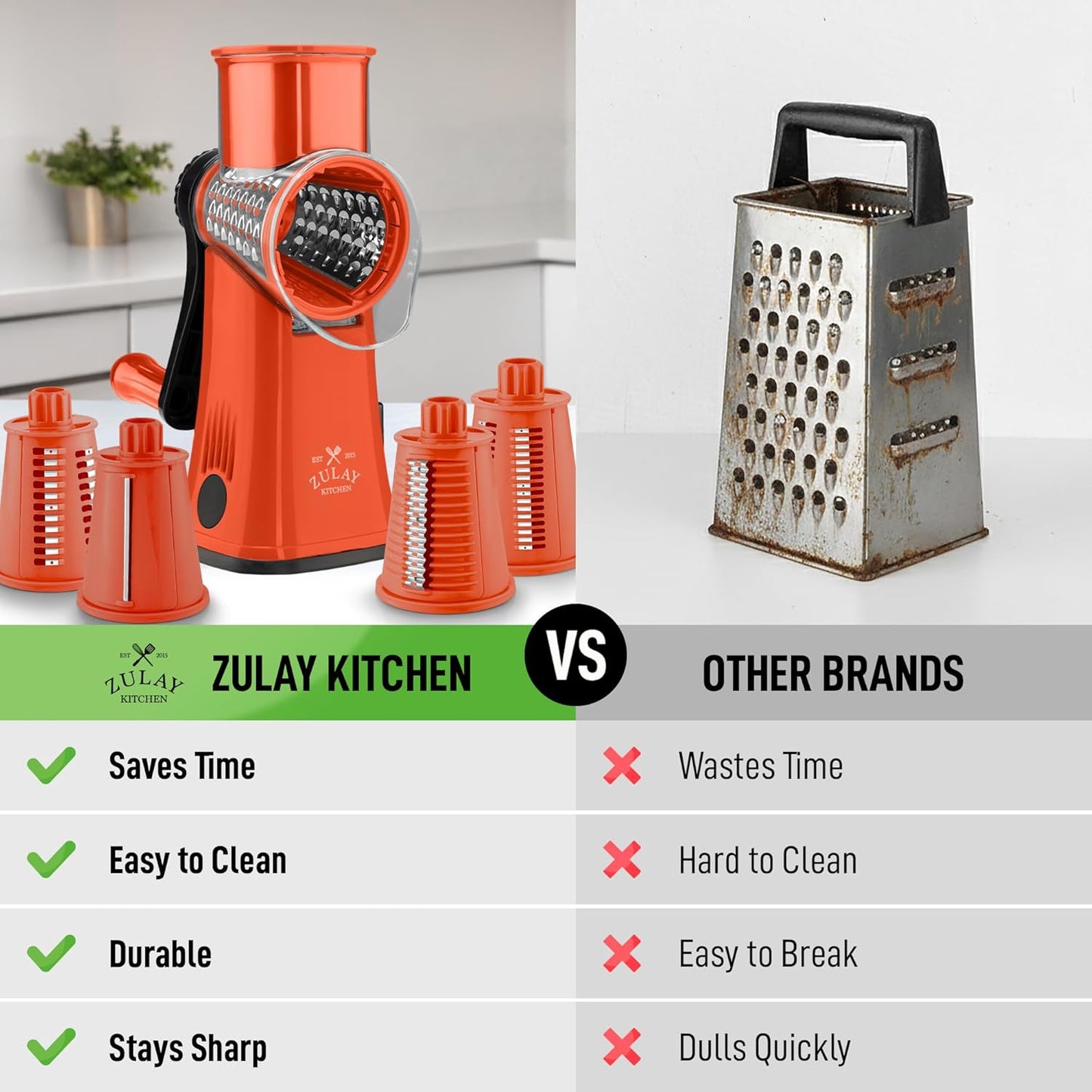 Zulay Kitchen Rotary Cheese Grater 5 Blade Cheese Shredder - Manual Hand Crank Cheese Grater With Reinforced Suction & 5 Interchangeable Drums - Easy to Use, Vegetable Chopper Round Mandoline Slicer - Colors A