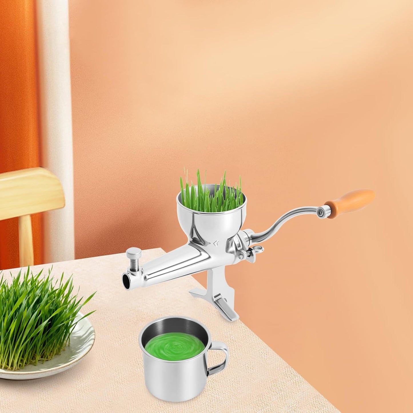 Manual Wheatgrass Juicer 304 Stainless Steel, Portable Crank Wheatgrass Extractor Hand Press Fruit & Vegetable Squeezer with C-Clamp & Juice Cup for Wheatgrass Celery Carrots Oranges, Easy Clean
