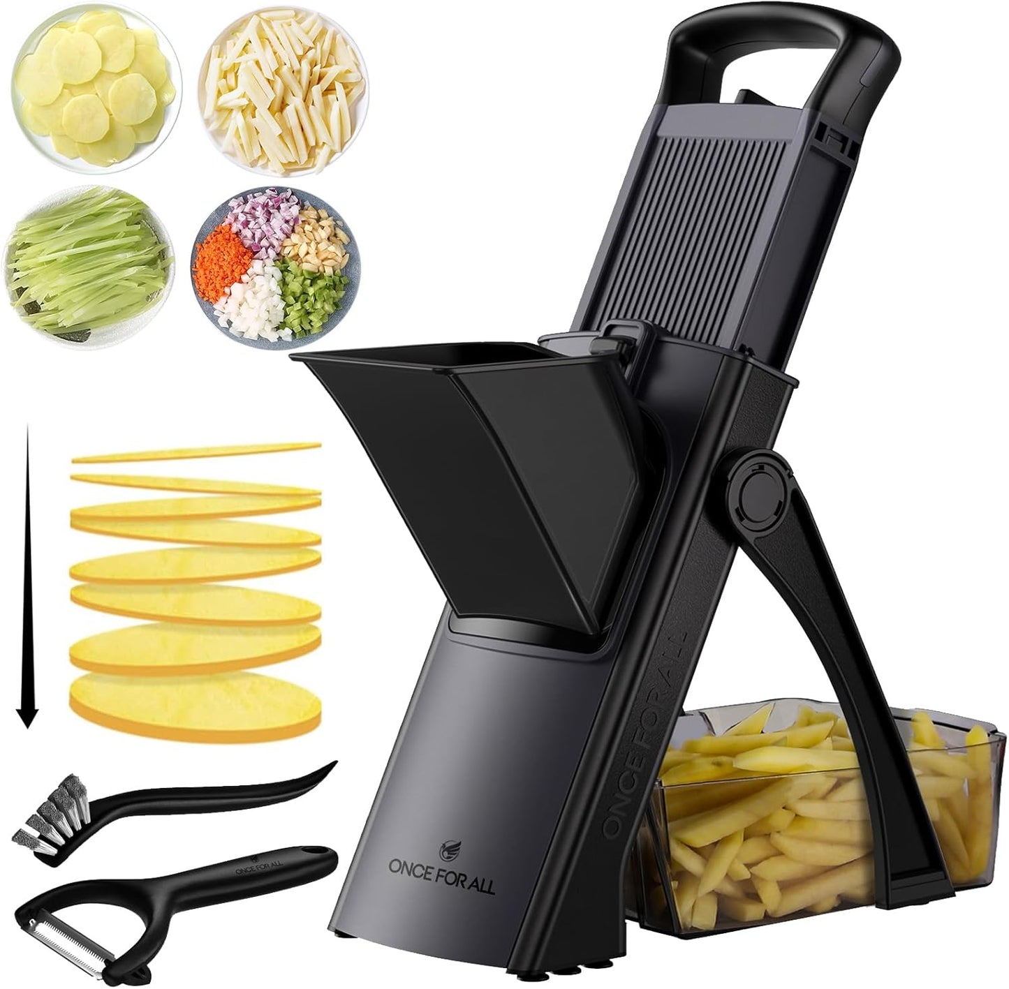 ONCE FOR ALL Upgrade Safe Mandoline Slicer Plus, Adjustable Vegetable Food Chopper Potato Fries French Fry Cutter, Detachable Blade, Kitchen Chopping Artifact, New Kitchen Gift (DarkGray)