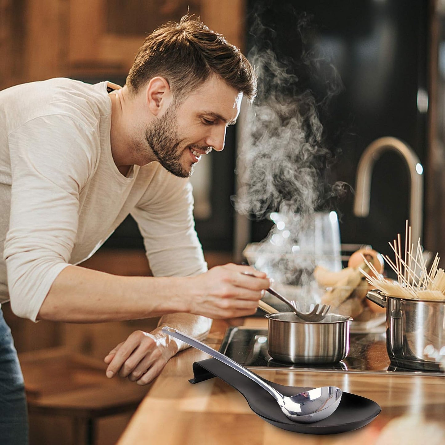 VanlonPro Stainless Steel Spoon Rest, Spatula Ladle Holder, Stainless Steel Utensil Spoon Rest Holder, Brushed Finish, Dishwasher Safe 9.8 x 3.7 Inch (Silver 1PC)