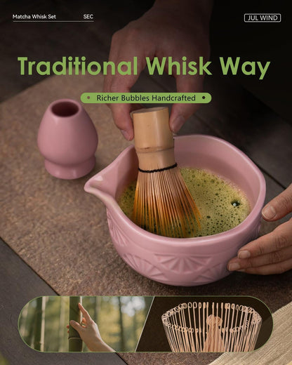 Matcha Whisk Set, Ceramic Matcha Set Includes Bowl with Spout, Whisk and Holder, Bamboo Scoop, Sifter and Tea Towel - 6 Pcs Matcha Kit Gift for Matcha Lovers (White)