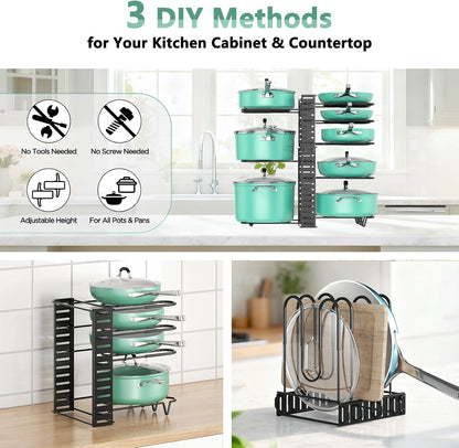 ORDORA Pots and Pans Organizer for Cabinet 16.61 Height, 8 Tier Pot Organizers Rack with 3 DIY Methods, Adjustable Pan Organizer under Cabinet Kitchen Organization and Storage