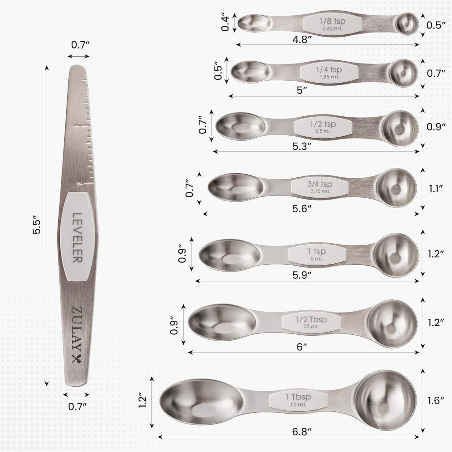 Zulay Kitchen Stainless Steel Measuring Spoon Set - Stackable Magnetic Spoon Measuring Set - Magnetic Measuring Spoon Set of 8 with Leveler - Strong N45 Magnets - White