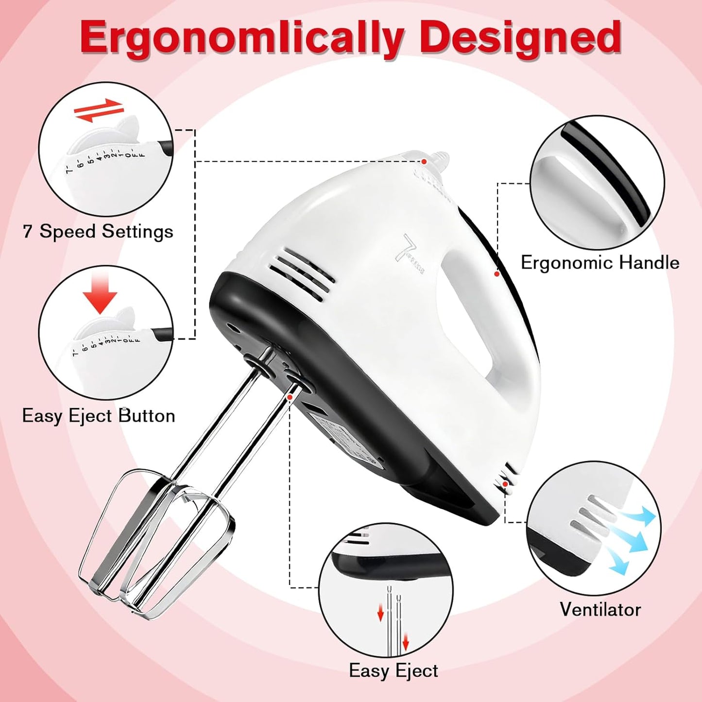 Showvigor Electric Hand mixer - 7 Adjustable Speed 180W Handheld Mixer Electric Whisk with 5 Stainless Steel Accessories, Turbo Boost/Self-Control Speed + Eject Button Food Beater for Cakes Eggs