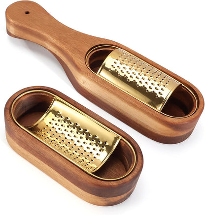 Box Cheese Grater With Container Stainless Steel Parmesan Cheese Grater With Wood Handle Shredder Zester Grater Box Kitchen Handheld Cheese Spoon Grater-Gold Colour (Without Handle)