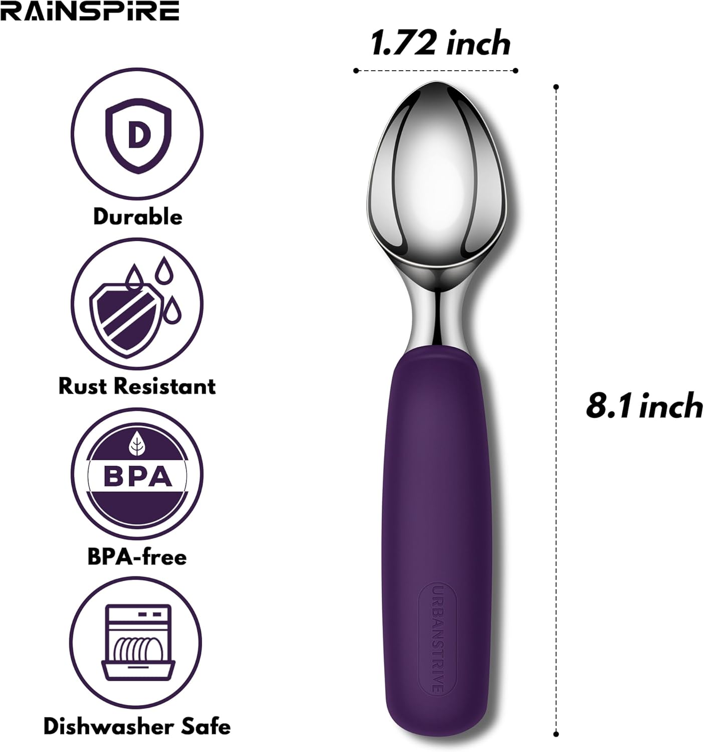 Urbanstrive Ice Cream Scoop Stainless Steel, Ice Cream Scooper Professional Large Ice Cream Scoops With Non-Slip Rubber Handle, Ice Cream Spade for Cookie Dough, Gelato, Sorbet, Melon (Black)