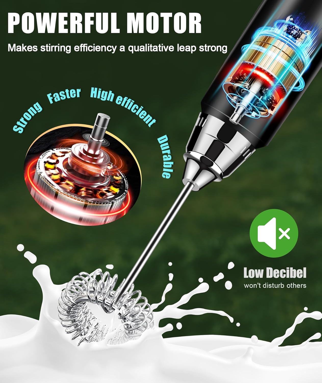 YUSWKO Black Handheld Milk Frother Wand for Coffee, Rechargeable Electric Whisk with 3 Heads 3 Speeds Drink Mixer Coffee Frother For Latte, Cappuccino, Hot Chocolate, Egg