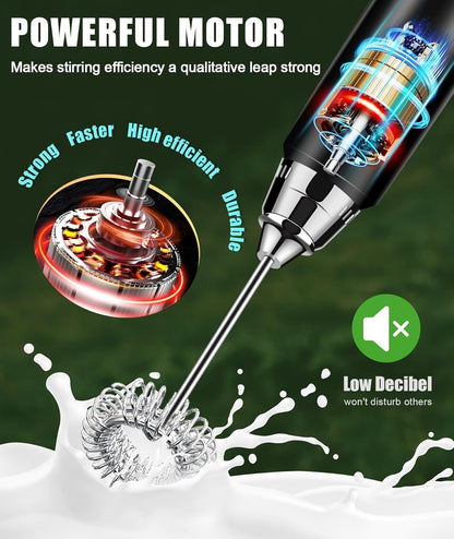 YUSWKO Black Handheld Milk Frother Wand for Coffee, Rechargeable Electric Whisk with 3 Heads 3 Speeds Drink Mixer Coffee Frother For Latte, Cappuccino, Hot Chocolate, Egg