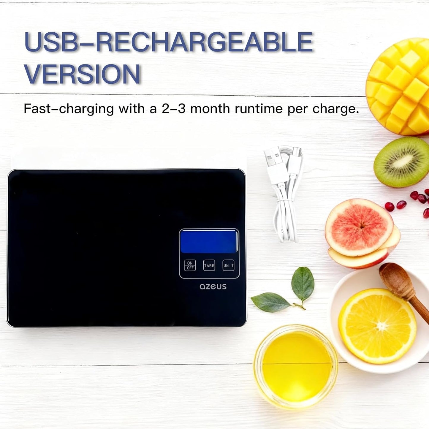 AZEUS Food Scale with USB Rechargeable, Digital Kitchen Scale with 6 Units, High Precision to 0.04 oz /11lbs Capacity, Weight Range from 3g-5000g (White)
