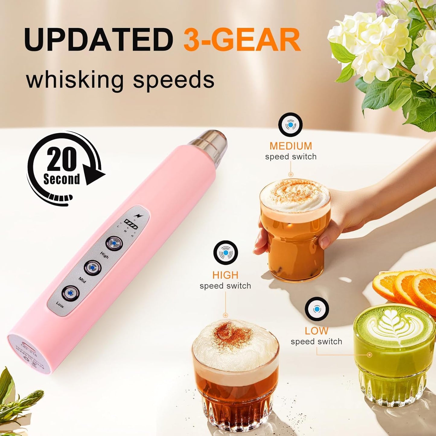 YUSWKO Black Handheld Milk Frother Wand for Coffee, Rechargeable Electric Whisk with 3 Heads 3 Speeds Drink Mixer Coffee Frother For Latte, Cappuccino, Hot Chocolate, Egg