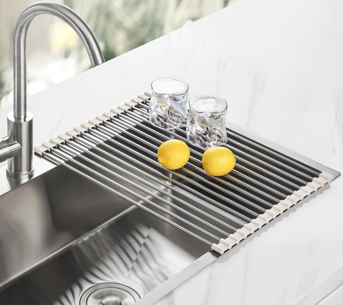 Tomorotec 17.7" x 15.5" Roll Up Dish Drying Rack Over Sink Drying Rack Sink Cover Kitchen Sink Accessories Gadget Multipurpose Organizer Foldable Stainless Steel Drainer