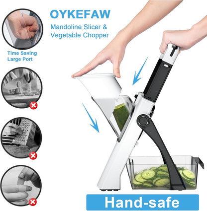 Safe Mandoline Slicer for Kitchen, 6 in 1 Vegetable Chopper, French Fry Cutter For Potatoes, Potato Slicer,Food Chopper,Adjustable Thickness 0.1-8 mm, With Peeler/Cleaning Brush (Black)