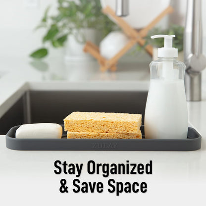 Zulay Kitchen (9x3.5in Sponge Holder for Kitchen Sink - Flexible Heavy-duty Multipurpose Sink Caddy - Counter Organizer for Kitchen, Bathroom, Makeup, Trinkets & More! (Grey)