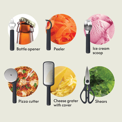 bella 6-Piece Modular Tool Set, Silicone, Turner, Spoon, Slotted Spoon, Spatula, Tongs, Crock with removable divider, Non-toxic*, Food-grade, Heat safe to 425°F, Dishwasher Safe, Slate