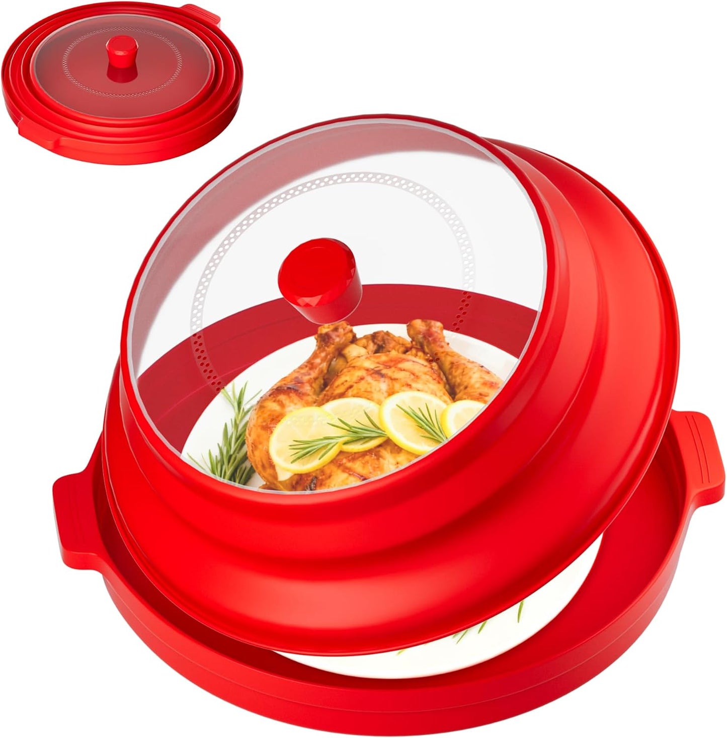 2 in 1 Microwave Splatter Cover, Large Plastic & Silicone Collapsible Vented Food Guard Lid with Anti-scald Base Plate, Plate Holder & Kitchen Colander (Red)