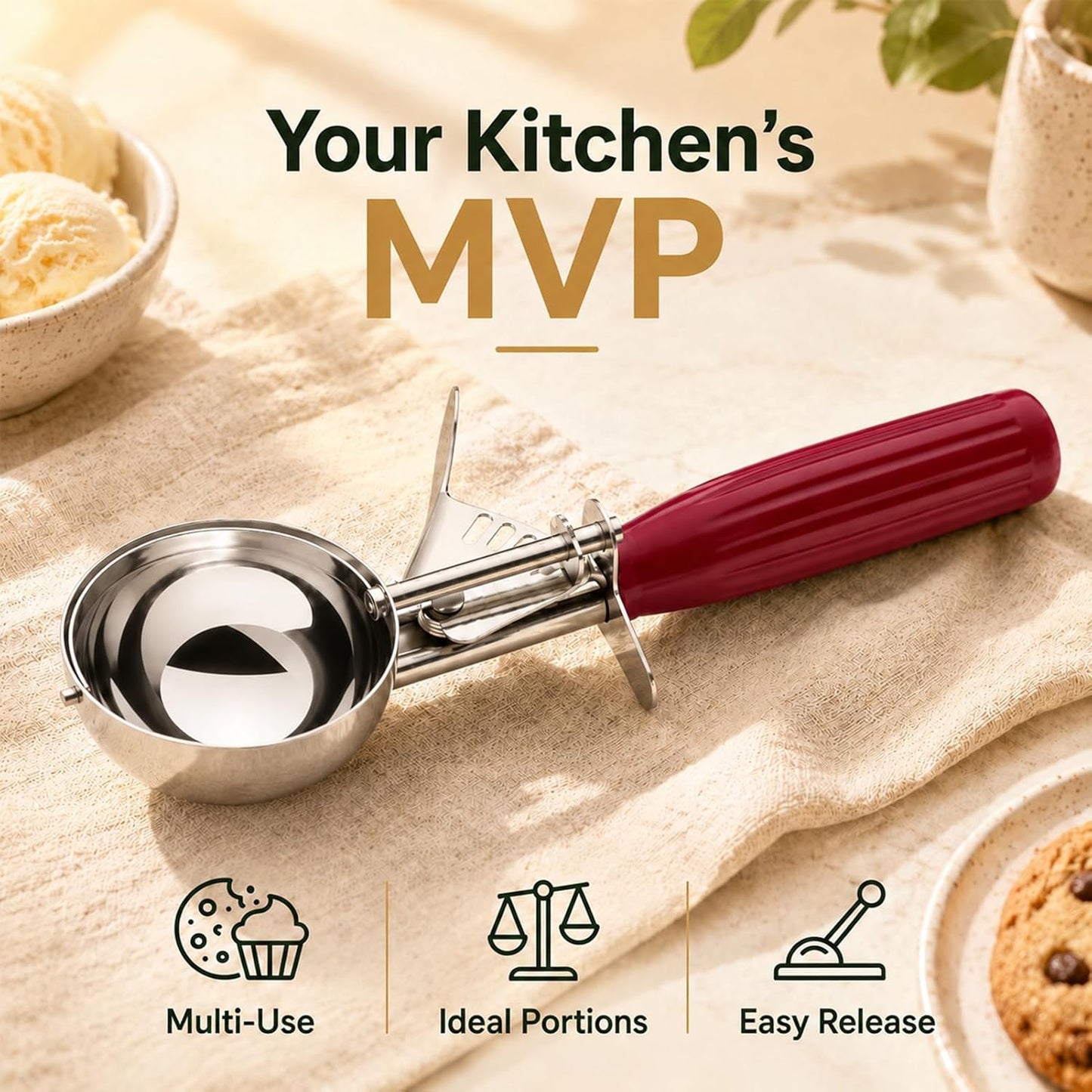 Cookie Scoop Set of 3, Ice Cream Scoop with Trigger Release & Anti-Freeze Grip, 18/8 Stainless Steel Cookie Scoops for Baking, Portion Scooper for Cookie Dough, Cupcake, Mashed Potatoes (S/M/L)