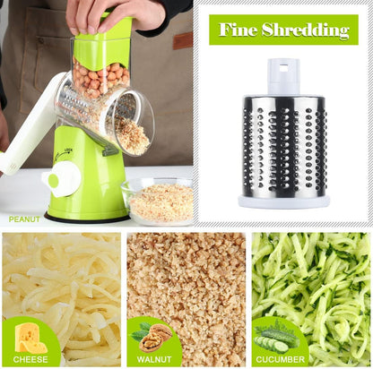 Ourokhome Rotary Cheese Grater Hand Crank, Kitchen Shredder Speed Mandolin Slicer Nut Grinder with Handle and Drum Blades for Cheese, Vegetable, Walnut, Chocolate, Potato, Carrot, 3 Blades, Dark Blue