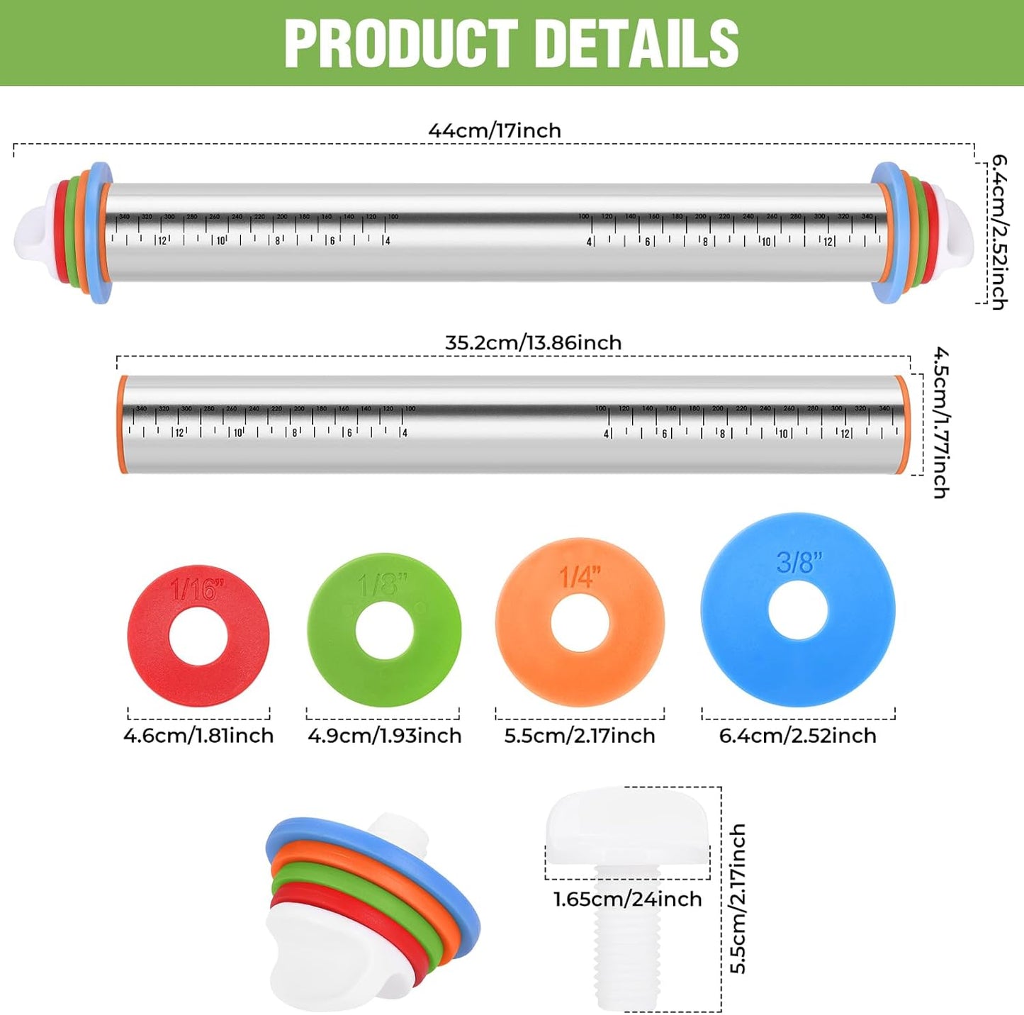 Rolling Pin with Adjustable Thickness Rings for Baking,Stainless Steel Dough Roller,Baking Supplies for Cookie Fondant Pizza Cake Pasta