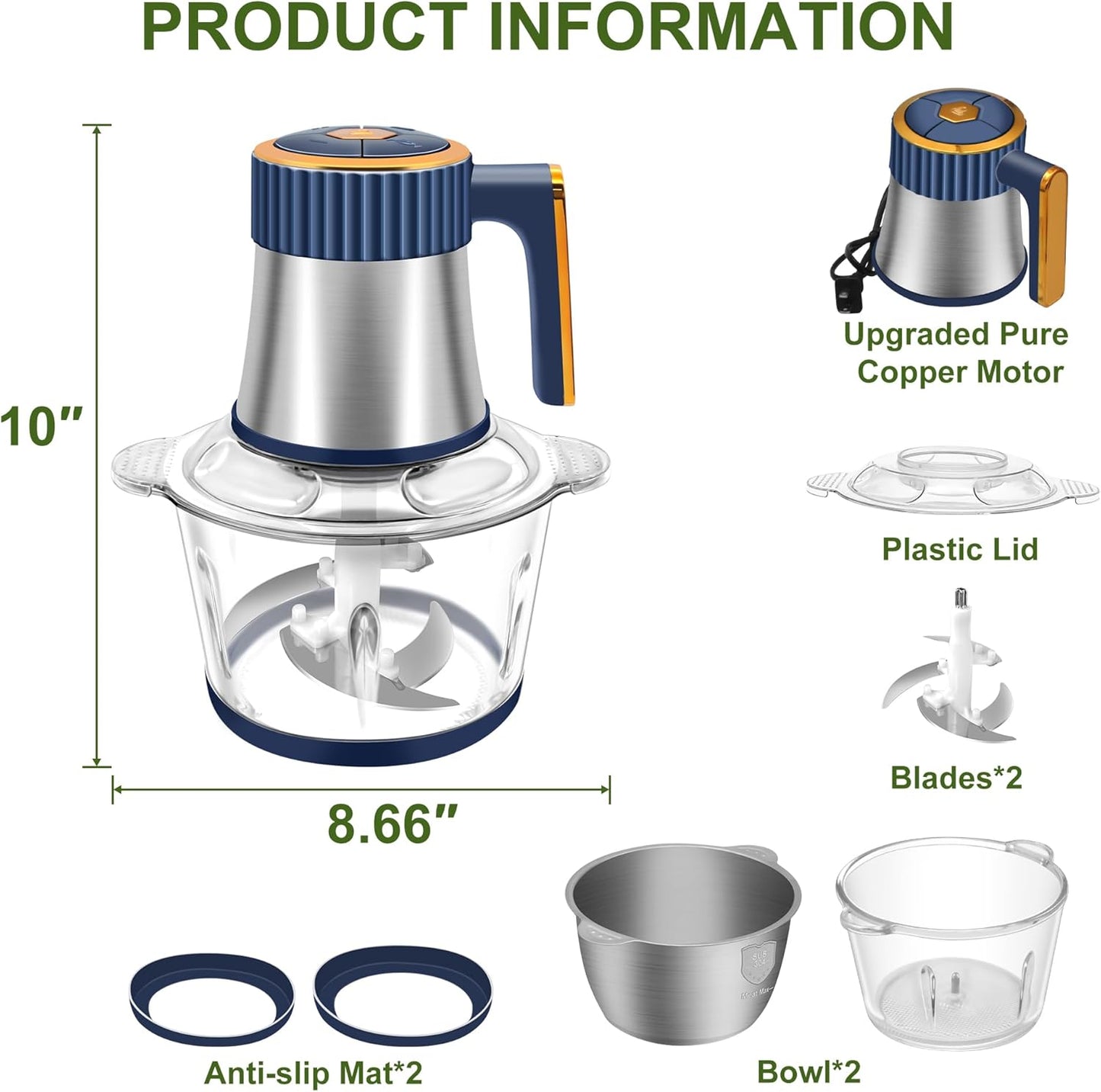 Food Processor, 5-Speed Electric Food Chopper, Meat Grinder with 2 Bowls (8 Cup+8 Cup) & 2 Sets of Blades, Meat Processor for Meat, Vegetables, Fruits and Nuts (Green)