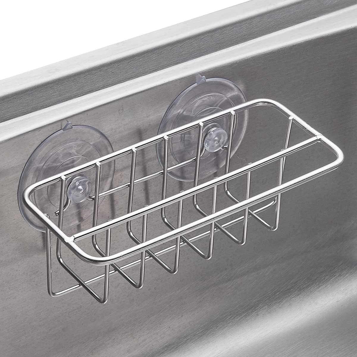 TESOT Sink Caddy Sponge Holder for Kitchen Sink Dish Cloth Hanger 2 Suspension Options(Suction Cups and Adhesive Hook), SUS304 Stainless Steel, Silver