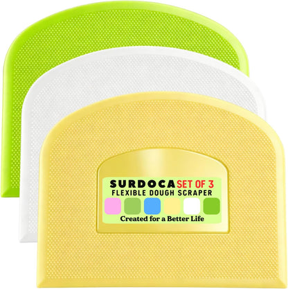 SURDOCA Dough Scraper Bench Scraper - 3P 4.7x3.7" Plastic Flexible Bowl Scraper, Sharp Edge & Angles Cake Scraper. Non-Slip Bakeware Decorating Tools Sculpting & Modeling Tools - Green+White+Green - Colors A