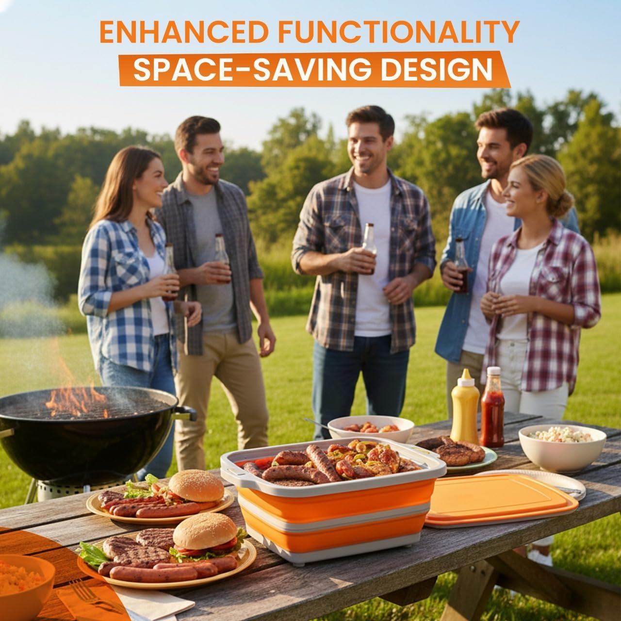 Collapsible BBQ Prep Tub, Meal Prep, Marinating Food Container, W/Cutting Board, Multi-Function Grill Caddy W/Colander & Lid, 8L Tub With/2 Squeeze Bottles1 Silicone Brush for Picnic- Camping-