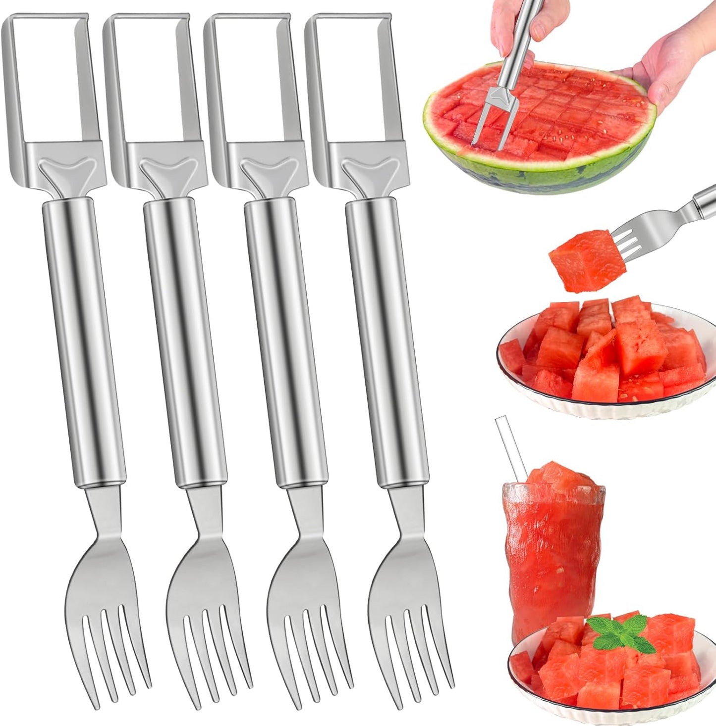 2-in-1 Watermelon Slicer & Fork – Stainless Steel Fruit Cutter Tool for Watermelon, Mango, Pitaya – Portable for Camping, Picnics, Home, Parties – Effortless Cubes & No Mess
