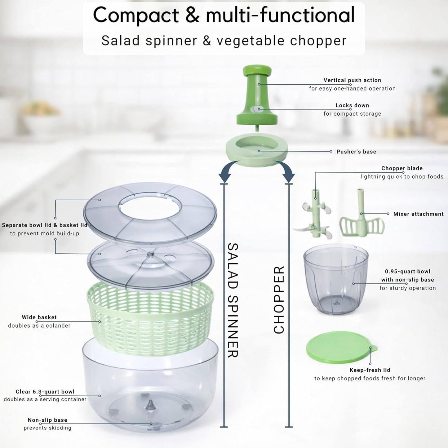 Brieftons Salad Spinner and Chopper: Large 6.3-Quart Lettuce Greens Vegetable Washer Dryer, with Bonus 0.95-Quart Veggie Chopper Mixer, Compact Storage, Easy Push Operation for Quick Veggie Prepping