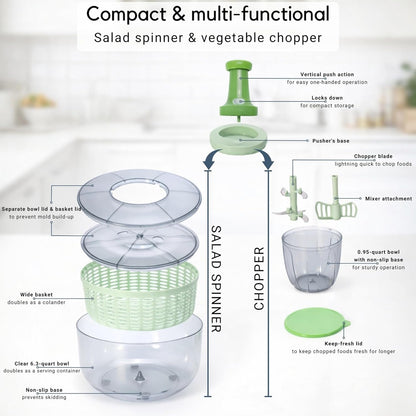 Brieftons Salad Spinner and Chopper: Large 6.3-Quart Lettuce Greens Vegetable Washer Dryer, with Bonus 0.95-Quart Veggie Chopper Mixer, Compact Storage, Easy Push Operation for Quick Veggie Prepping