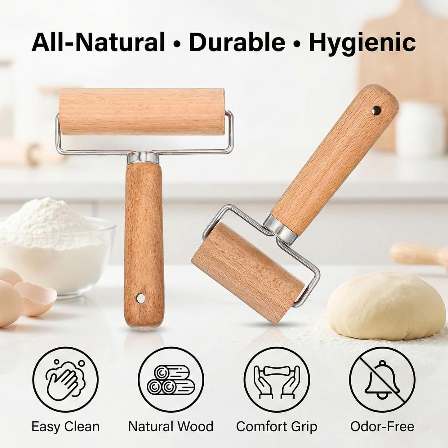 2 Pcs Wooden Rolling Pin Set, Wooden Dough Roller, Non-Stick Baker Pastry Roller, Pizza Rollers, Small Rolling Pin, Dough Baker Rollers Set for Home Kitchen Baking Cooking (2 Sizes)